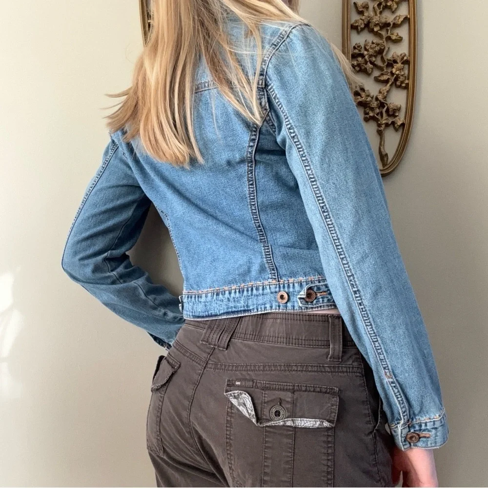 GAP Cropped Denim Jacket with Orange Stitching and Flower Patch